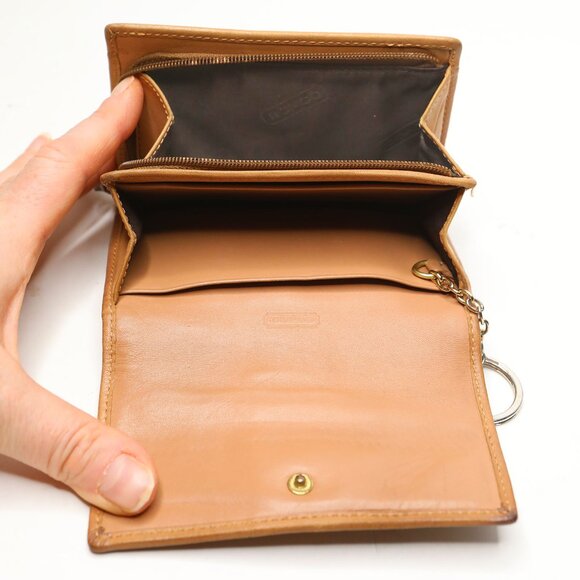 COACH Signature Y2K Canvas Bi Fold Wallet Khaki Brown Leather Trim Coins Keyring - Picture 6 of 13